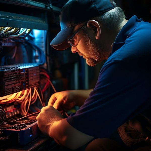 Engineer Inspecting Internet Splitter Box's Fiber Optic Cables. AI